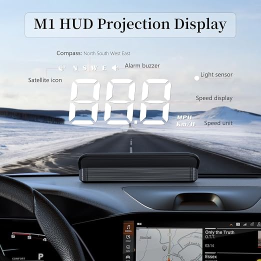AZIJYV Heads Up Display for Cars, Windshield Speedometer Projector HUD M1white ,Digital Speedometer for Car with Speed,Driving Direction,Overspeed Alarm,Fatigued Driving,Suitable for all models