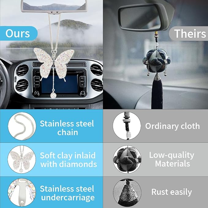 JOYCOURT Bling Butterfly Diamond Car Hanging Accessories for Women, AB | Crystal Butterfly Rear View Mirror Luck Car Decoration Accessories, Valentine's Day Presents Ornament Pendant for All Cars