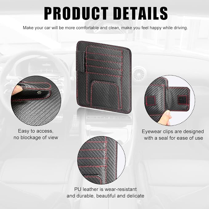 povtii Car Sun Visor Organizer, Multifunctional Vehicle Sun Visor Folder with Sunglasses Clip, Universal Interior Car Accessories (Red Carbon Fiber)