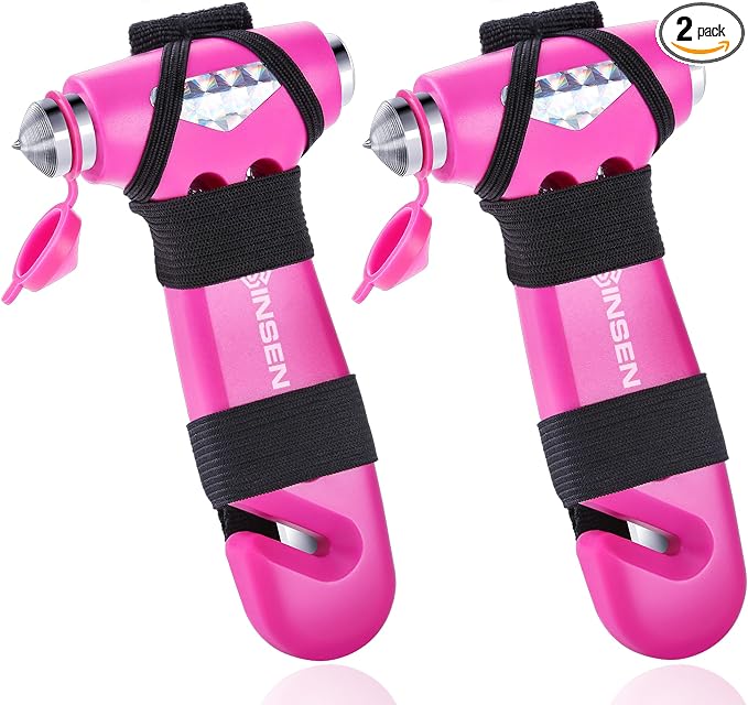 SINSEN Car Safety Hammer, Automotive Window Breaker and Seatbelt Cutter for Women, Roadside Emergency Kit, 3 in 1 Escape Tools, Road Trip Essential and Must Haves (2, Pink)