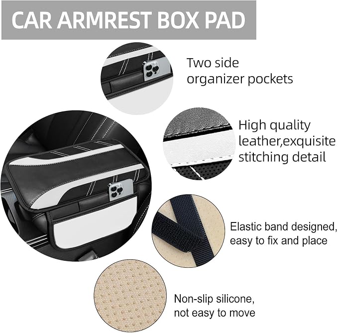 NBTEPEM 6 Pcs White Car Accessories Set, Sport Leather Steering Wheel Cover 14.5-15inch Universal, Microfiber Leather Car Center Console Cover, Seat Belt Cushion, Cup Holder Coaster (Black-White)