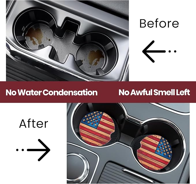 2 Pack American Flag Car Coasters for Men Women Car Cup Holder Coasters, 2.63 Inch Anti Slip Ceramic Absorbent Coaster with Cork Base and Finger Notch, Funny Car Accessories Interior