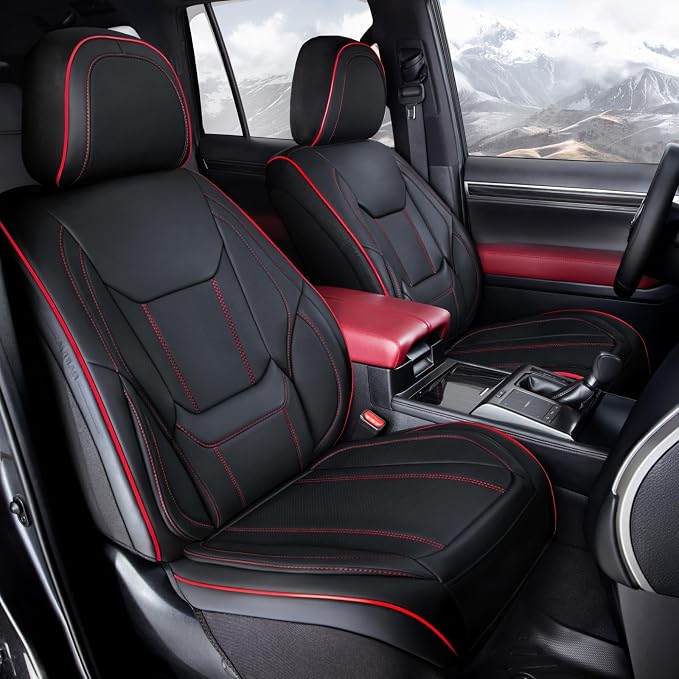 Coverland Custom Truck Car Seat Covers Front Seats for [2020-2026 Jeep Gladiator Crew Cab Split Bench Without Armrest] - Protector Water Resistant Leather [Front - Black with Red Stitching]