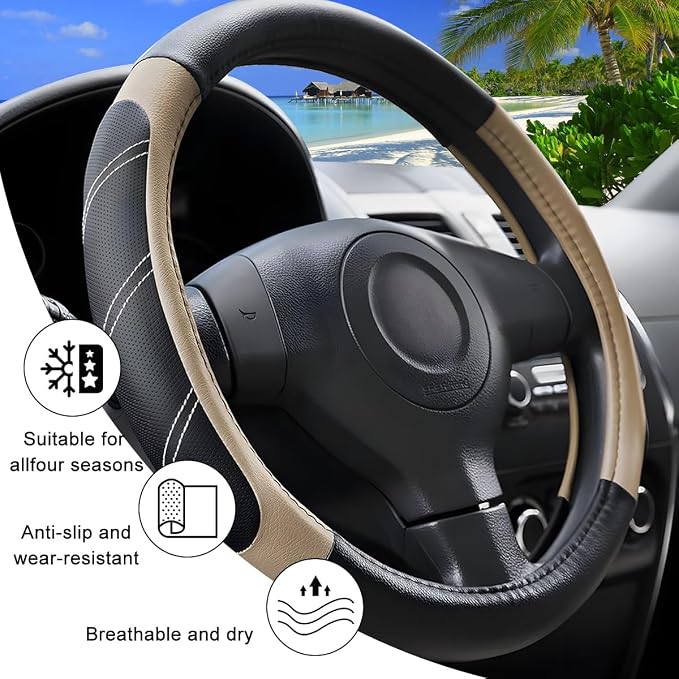 Zpana Car Steering Wheel Cover, 15 Inch Carbon Fiber Leather Non-Slip Steering Wheel Protector with Lining, Breathable Automotive Interior Accessories, Universal for SUV RV Truck (Beige)