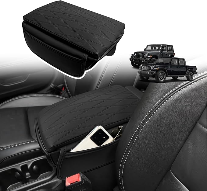 Muslogy Center Console Armrest Cover Fit for Jeep Wrangler JL 2018-2026 & Gladiator JT 2020-2026 Accessories, Comfort Armrest Pad Console Lid Cushion Vegan Leather 1-Inch Extra Thick