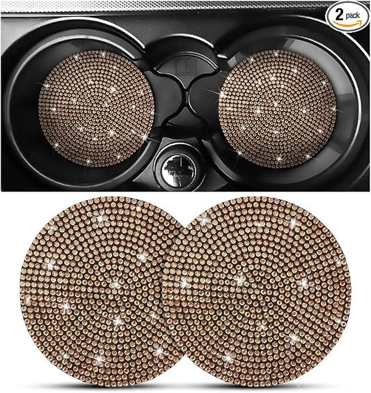 Osilly Bling Car Cup Holder Coaster, 2 Pack Crystal Rhinestone Anti-Slip Insert Coasters, Universal 2.75 Inch Fashion Automotive Cup Mat, Car Interior Accessories Decor Gifts for Women (Golden)