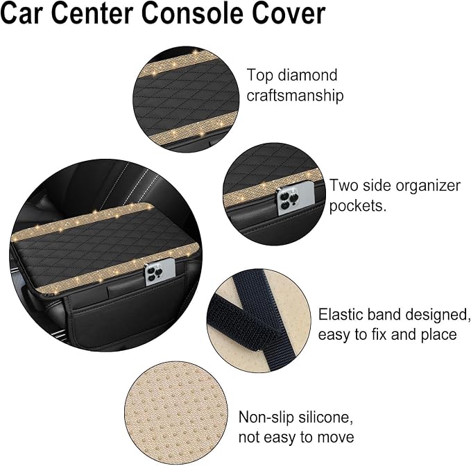 NBTEPEM Bling Car Center Console Cover, Leather Car Arm Rest Cover Cushion with 2 Storage Bags, Universal Auto Armrest Protector, Bling Accessories Interior for Most Vehicles(Champagne Diamond)