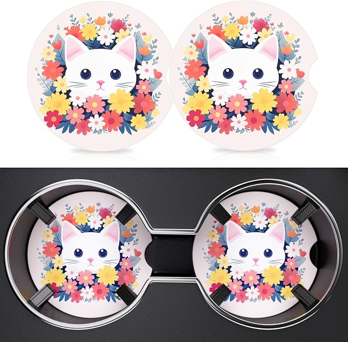 2 Pack Car Cup Holder Coasters, 2.63 inch Anti Slip Insert Absorbent Ceramic Coasters with Cork Base and Finger Notch, Cute Car Accessories Interior for Women