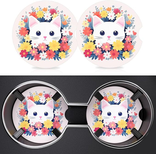2 Pack Car Cup Holder Coasters, 2.63 inch Anti Slip Insert Absorbent Ceramic Coasters with Cork Base and Finger Notch, Cute Car Accessories Interior for Women