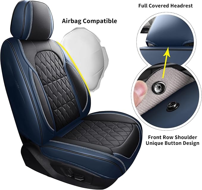 Aierxuan Full Coverage Seat Covers Waterproof Leather, Black-Blue | Full Set Universal Fit Hyundai Kia Buick Cascada Envision Encore Lucerne Regal VW Jetta Passat Taos Infiniti G35