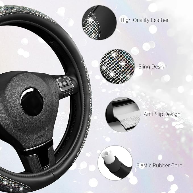 Road Comforts Pixel Glitter Steering Wheel Cover, 14.5–15 Inch Leather Steering Wheels Snug Fit, Anti-Slip Leather Grip, Elegant Sparkle Design, Universal Fit - Black