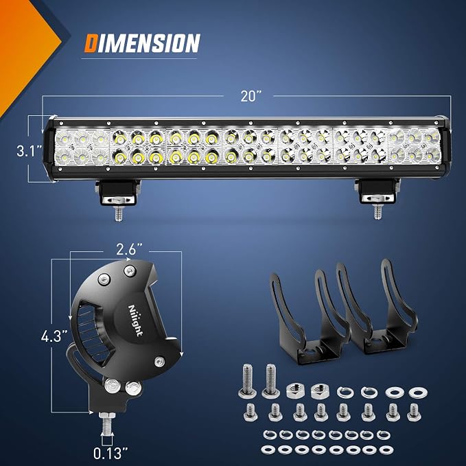 Nilight LED Light Bar 20 Inch 126W Spot Flood Combo Led Off Road Lights 12V 5Pin Rocker Switch LED Light Bar Wiring Harness Kit, 2 Years Warranty, Model: ZH082, Clear