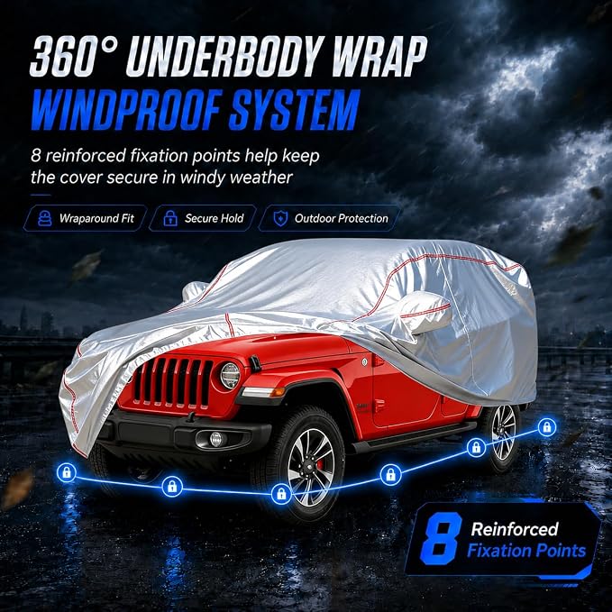 Waterproof All Weather Heavy Duty Vehicle Cover, 360° Underbody Wrap Windproof Design, Quick Install Outdoor Cover,（for Jeep Wrangler 4-Door 2006-2025）
