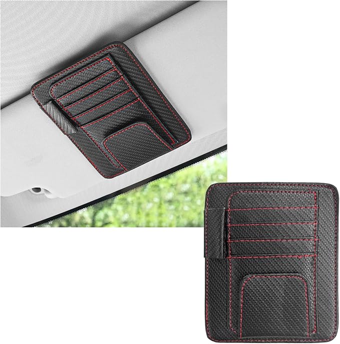 Dickno Small Leather Car Sun Visor Organizer, Multifunctional Auto Visor Document Holder with Sunglasses Clip, Universal Car Interior Organizer for Driving License, Card, Pen (Black&Red)