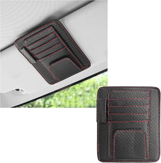 Dickno Small Leather Car Sun Visor Organizer, Multifunctional Auto Visor Document Holder with Sunglasses Clip, Universal Car Interior Organizer for Driving License, Card, Pen (Black&Red)