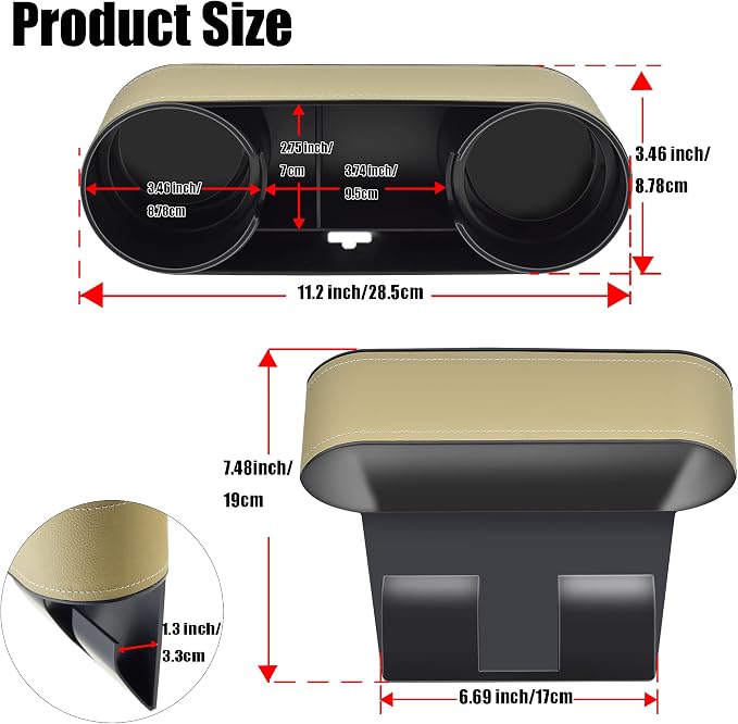 IOKONE Car Cup Holder, Auto Front Seat Organizer, Multifunctional Cup Drink Holders with PU Leather Cover, Gap Filler Storage Box Coin Bucket Console Side Pocket Cell Mobile Phone Holder(Slim-Beige)