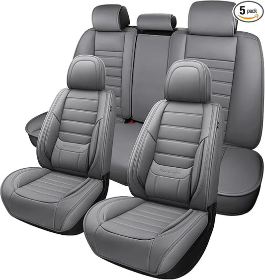 MINGBRON Leather Car Seat Covers,Car Seat Covers Full Set,Automotive Seat Covers 5 Seats,Fit for Most Cars SUV and Most Sedans Grey