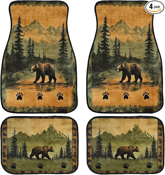 Bear Car Floor Mats Set of 4 Vintage Rustic Forest Lodge Mountain Automotive Foot Mats Rugs Carpet for Car Non-Slip Auto Car Accessories Universal Fit Car Accessories for Truck
