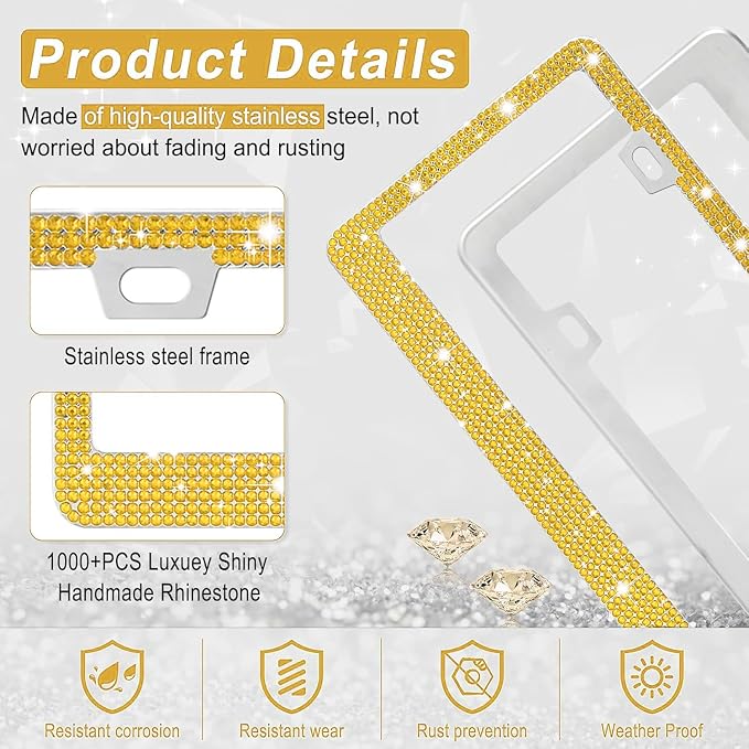 Amiss Bling License Plate Frame for Women, 1Pack Rhinestone Handcrafted Crystal Premium Stainless Steel, Stainless Steel Car Decorative Accessories with Diamond Sparkle Glitter Caps (Gold)