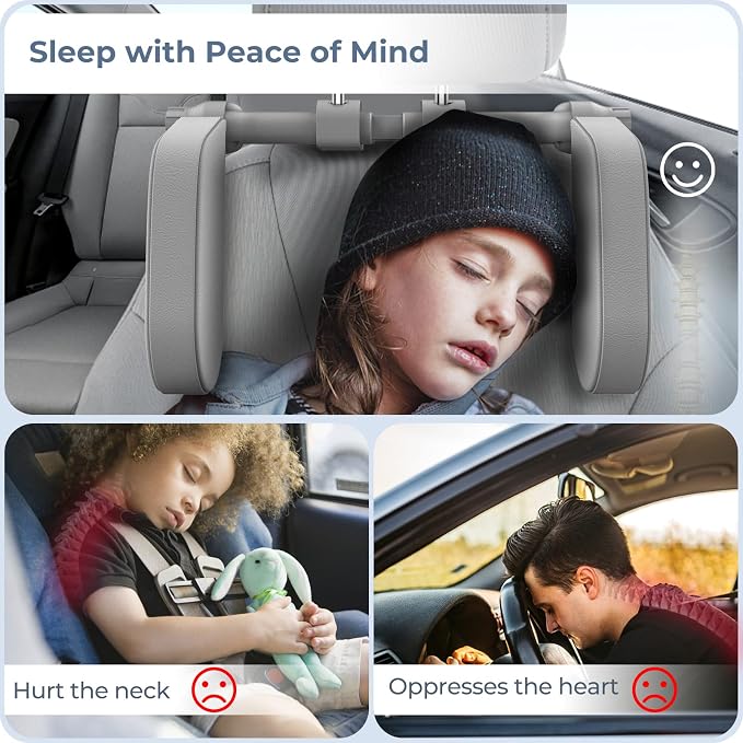 Car Headrest Pillow, Road Pal Headrest, Adjustable Car Seat Head Neck Support, U Shaped Car Sleeping Pillow for Kids & Adults (Grey)