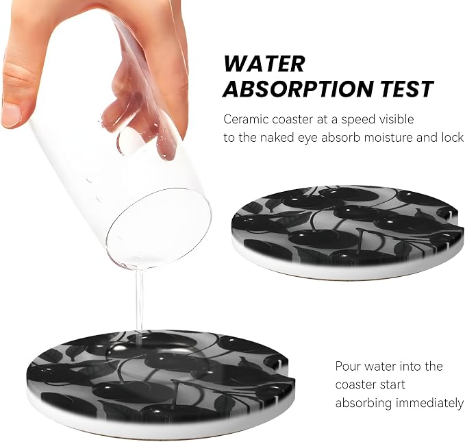 Absorbent Car Coasters for Cup Holders, 2 Pack Universal Anti Slip Ceramic Cup Coaster for Women Men 2.56 Inch Car Interior Accessories - Black Cherry 021