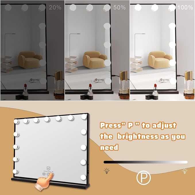 FENCHILIN Vanity Mirror with Lights 22.8''x 18.1'', Hollywood Lighted Mirror with Dimmer Bulbs, Vanity Makeup Mirror Smart Touch Control, Tabletop, Black