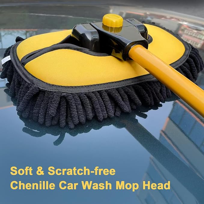 YeewayVeh Car Wash Brush with Long Handle, Microfiber Car Wash Mop with Replaceable Chenille Brush Head, Soft Cleaning Brush with 15° Curved Extension Pole Car Wash Kit for RV Truck Camper, Yellow | Extra Replaceable Chenille Head, 15° Curved Extension...