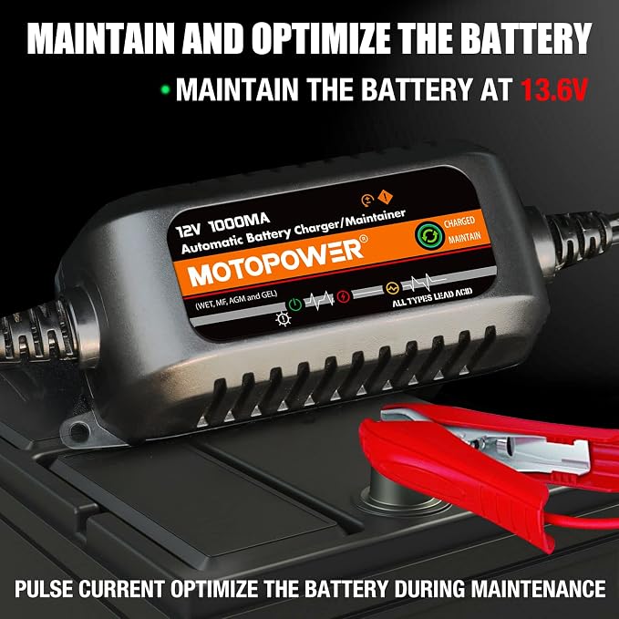 MOTOPOWER MP00205B 12V 1000mA Automatic Battery Charger, Battery Maintainer, Trickle Charger, and Battery Desulfator with Timer Protection - Black Edition