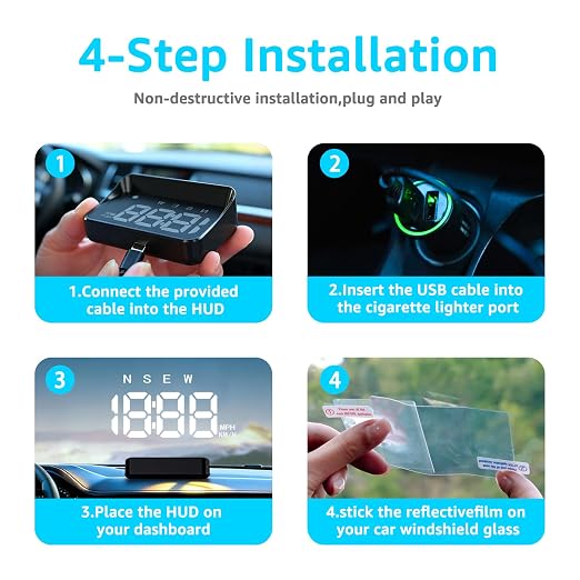 Heads up Display for Cars Windshield, Car HUD Display, HUD for Cars | USB Plug & Play, MPH/KMH Switch, Speed Calibration, Adjustable Brightness, Overspeed Alert, Large Font Display