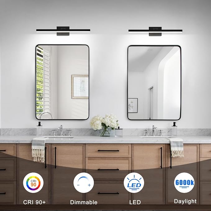 IZORRO Modern Bathroom Vanity Light 16 inch, Rotatable, 12W Dimmable Led Bathroom Light Fixture Over Mirror, Black Vanity Light Bar (Cool White 6000K)