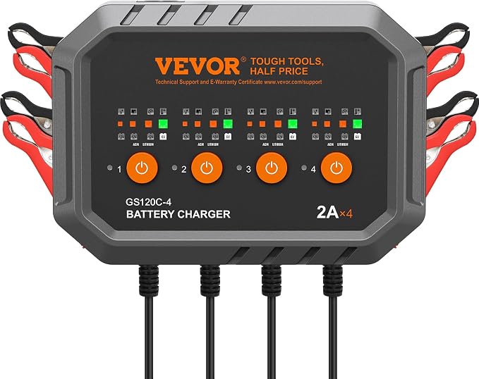 VEVOR Smart Battery Charger, 2A x 4, LiFePO4 Lead-Acid (AGM/Gel/SLA) Car Battery Charger, Fully-Automatic Charger Maintainer Desulfator for Boat Motorcycle Lawn Mower Golf Cart Marine Deep Cycle