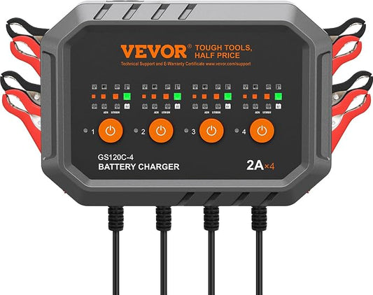 VEVOR Smart Battery Charger, 2A x 4, LiFePO4 Lead-Acid (AGM/Gel/SLA) Car Battery Charger, Fully-Automatic Charger Maintainer Desulfator for Boat Motorcycle Lawn Mower Golf Cart Marine Deep Cycle