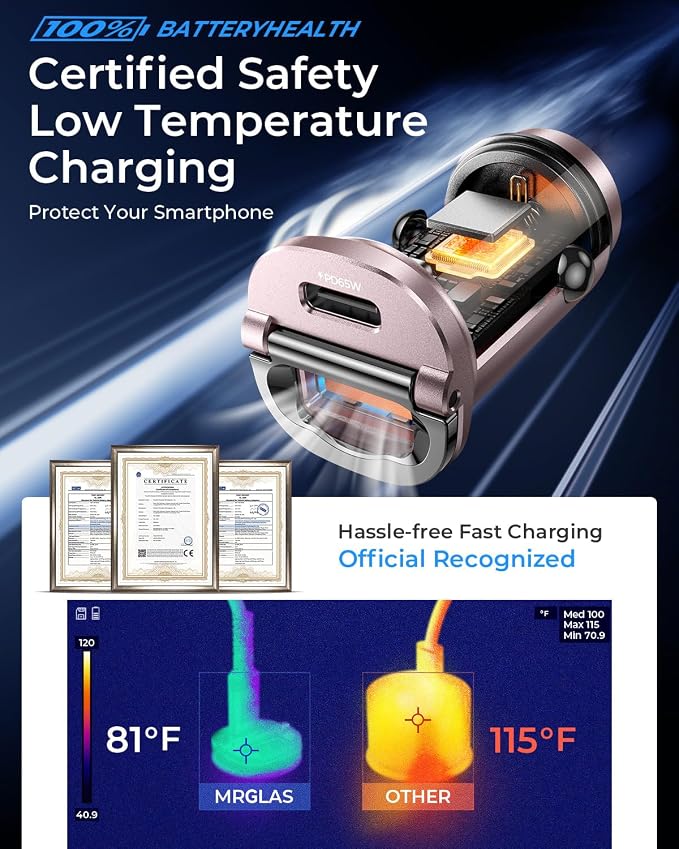 MRGLAS 125W USB C Car Charger, USB C Car Charger Adapter Fast Charging | [Mini & Metal][PD65W & QC60W] Dual Port Type C Car Cigarette Lighter USB Charger for iPhone 16 15 14 Pro Max S25 MacBook-Pink