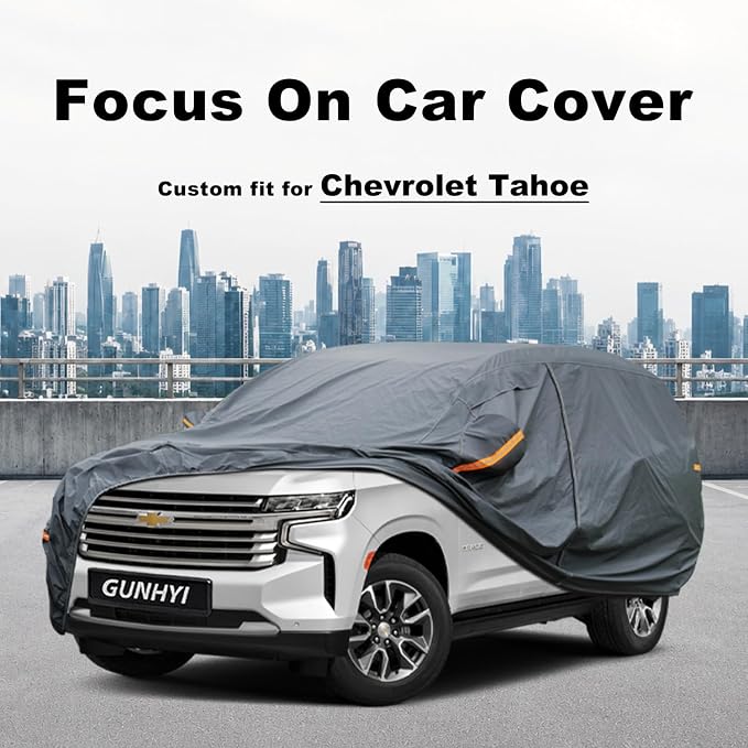 GUNHYI Premium Car Cover Custom Fit Chevrolet Tahoe (2007-2026), 16 Layers Heavy Duty Car Cover Waterproof All Weather with Zipper Door for Sun Rain Snow Dust Uv Protection