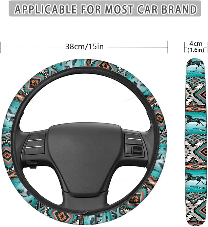 Wanyint Car Steering Wheel Cover for Women Men, Soft Neoprene Stretchy Anti-Slip 15 Inch Steering Wheel Protector Universal Auto Decor, Aztec Geometric Horse Turquoise