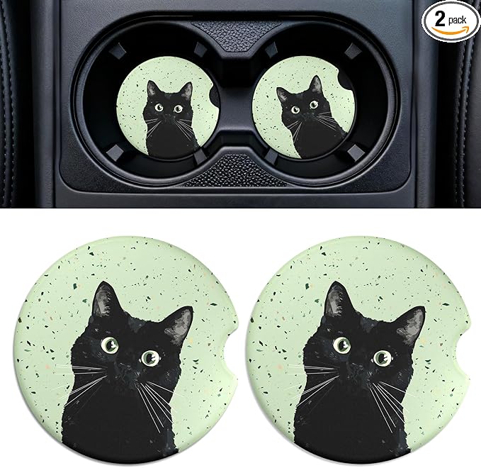 Car Cup Holder Ceramic Coasters 2 Pack, 2.56 in Anti Slip Absorbent Coaster with Cork Base and Finger Notch, Funny Cute Car Accessories Interior for Women, Terrazzo Cat
