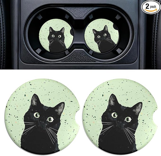 Car Cup Holder Ceramic Coasters 2 Pack, 2.56 in Anti Slip Absorbent Coaster with Cork Base and Finger Notch, Funny Cute Car Accessories Interior for Women, Terrazzo Cat
