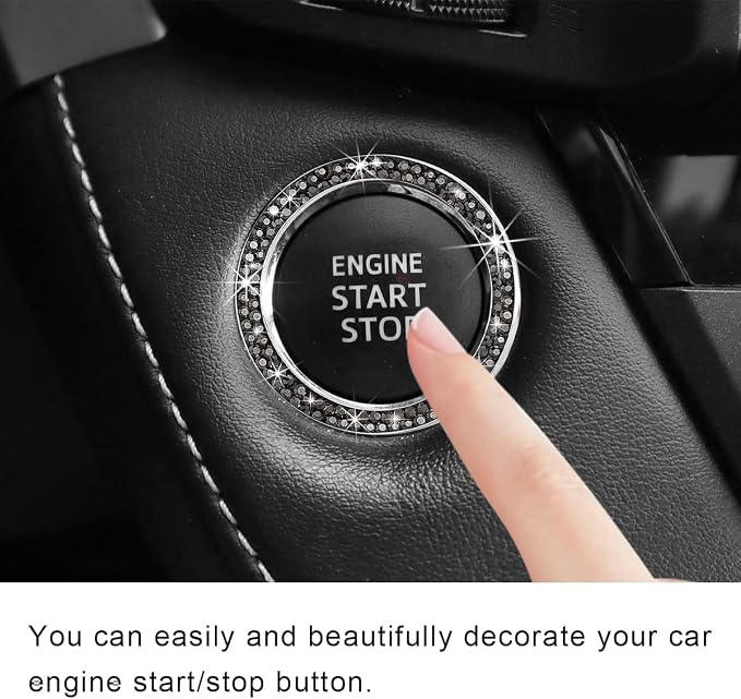 Car Bling Crystal Rhinestone Engine Start Ring Decals, Sparkling Diamond Car Push Start Button Ignition Ring Sticker, Auto Key Ignition Knob Ring Decoration for Women Girls (Bright Black)