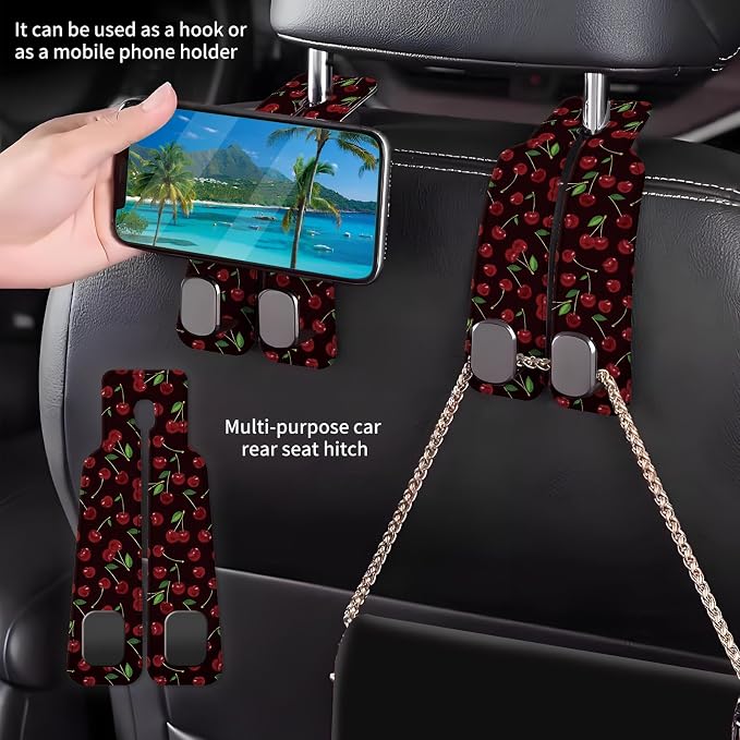 Car Seat Back Storage Headrest Hook, Premium Leather Double Metal Hook, Hanger Storage Organizer for Purse Cloth Bag, Car Interior Accessories Black Red Cherry