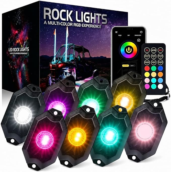 Xprite Colorful LED Rock Lights Kit with Bluetooth & Wireless Remote Controller, Multicolor Cars Underglow, Wheel, Footwell Neon Light Kits, for Off-Road UTV ATV Trucks SUV Motorcycle Boats - 8 Pods