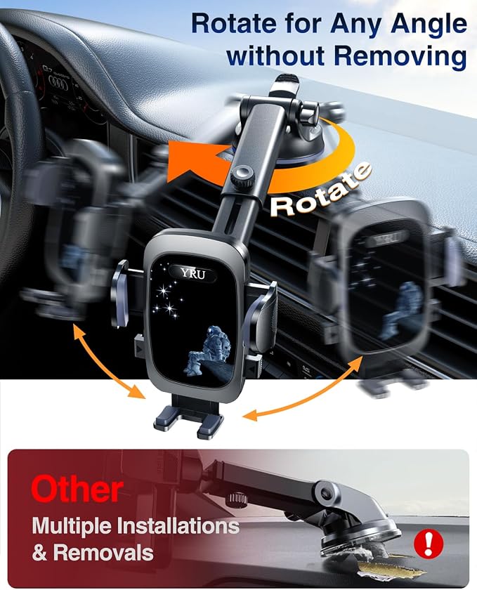 YRU True Military-Grade [360° Rotation Suction] 2026 Ultimate Car Phone Holder Mount【90+LBS Safest Strongest & Patent Certs】 Dash Windshield for iPhone 17 16 Pro Max Speakerphones, Blue Black