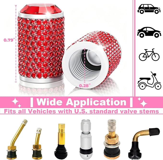 4Pcs Car Tire Valve Stem Caps, Bling Tire Air Cap for Car, Universal Stem Covers, Anodized Aluminum Tires Valve Cap with O Rubber Ring, Crystal Diamond Car Accessories for Women