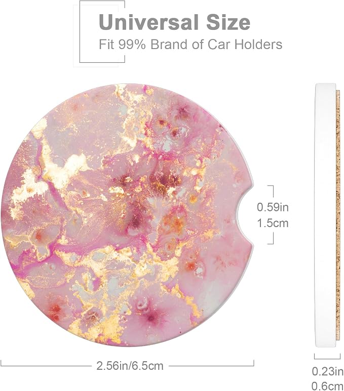 Car Cup Holder Coaster, Car Coasters for Cup Holders, 2 Pack Universal Anti Slip Insert Absorbent Ceramic Auto Interior Accessories with A Finger Notch & Cork Base, Golden Pink Marble