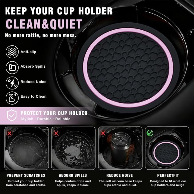 4PCS Car Cup Holder Coasters, 2.75 Inch Non-Slip Insert Water Bottle Holder Pads, Dustproof Automotive Interior Accessories Mat, Universal for Vehicles, Trucks, RVs and More (Pink)