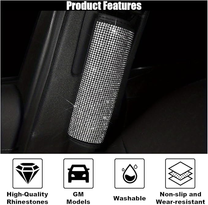 GLSOWEE 2PCS Bling Car Seat Belt Shoulder Pads for Women, White Diamond | Bling Rhinestones Seat Belt Covers, Car Seatbelt Strap Pad with Crystal Diamond, Car Interior Accessories for Car SUV