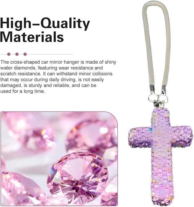 Bling Cross Car Hanging Accessories, Crystal Rhinestone Rear View Mirror Pendant, Religious Rearview Mirrors Decoration Charm, Car Hanging Ornament, Automotive Interior Accessories (Purple)