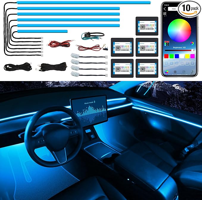 Acrylic Interior Car LED Strip Light with Wireless APP, RGB 10 in 1 with 175 inches 600 LEDs Fiber Optic Car Ambient Lighting Kits, 16 Million Colors Sound Active Function LED Strip for Car