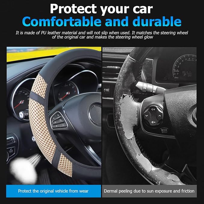 Car Steering Wheel Cover, Elastic Stretch Breathable Leather Vehicle Steering Wheel Protector, Automotive Interior Protective Accessories, Universal for SUV RV Truck (Beige)