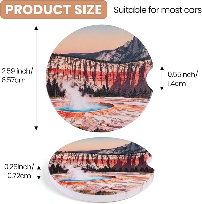 2 Pack Car Coasters for Cup Holders, Absorbent Ceramic Stone Cup Coaster with Non-slip Cork Base and Finger Notch, Yellowstone Volcano Landscape Auto Interior Accessories,Universal Fit 2.59 In