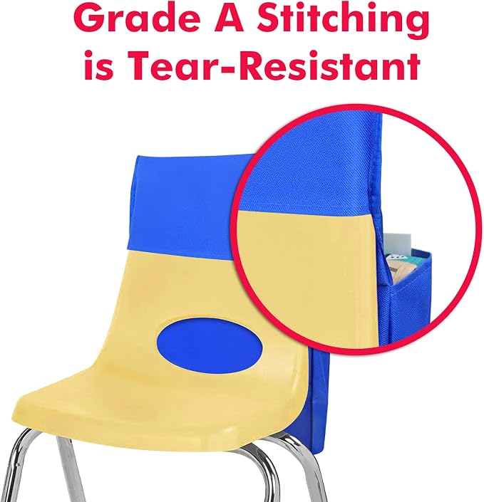 Chair Pockets for Classrooms, 15.7" × 18.9" – 6 Pockets Chairback Storage Organizer with Name Tag Window, Student Desk & Seat-Back Management for Books, Folders & School Supplies, Red+Blue